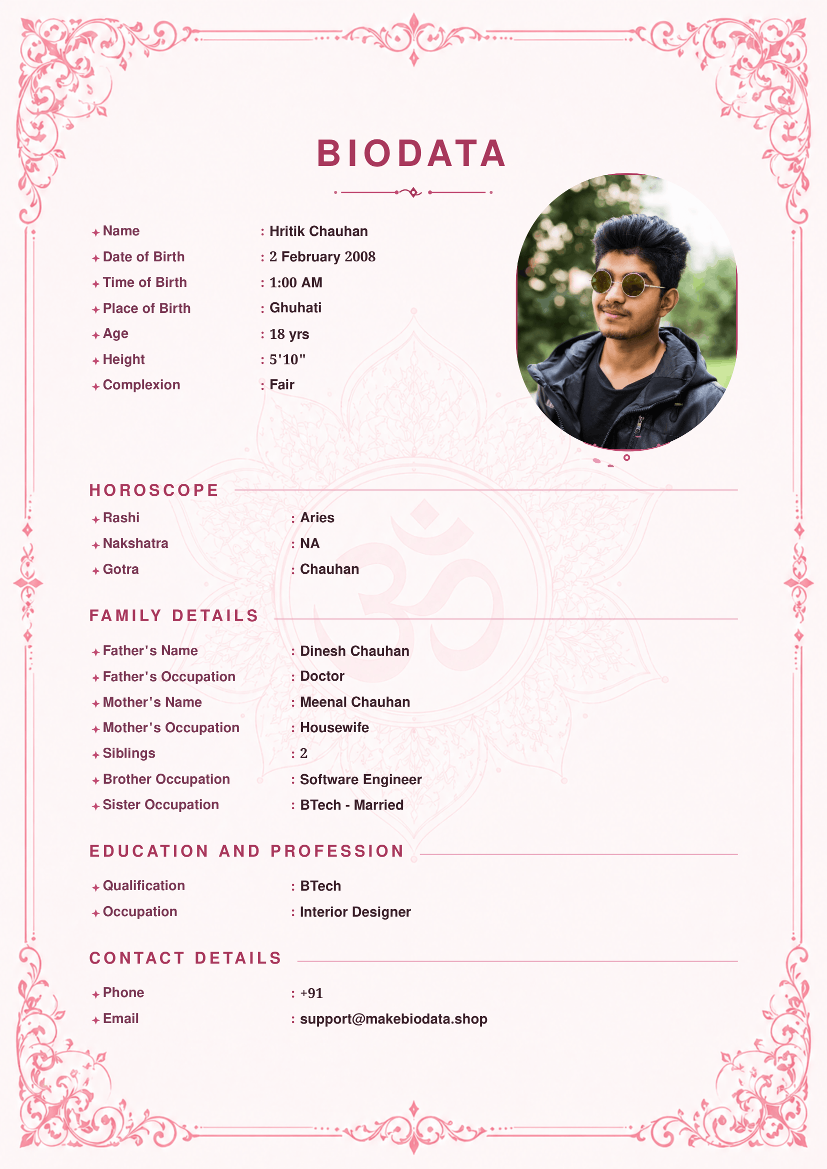Pink Om Mandala marriage biodata template